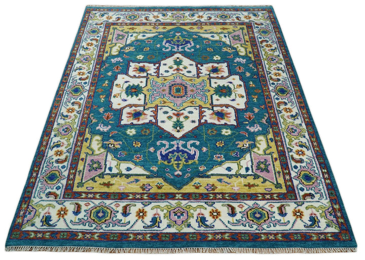 Hand Knotted White, Gold and Blue Multi Sizes Vibrant Colorful Heriz Medallion Area Rug - The Rug Decor
