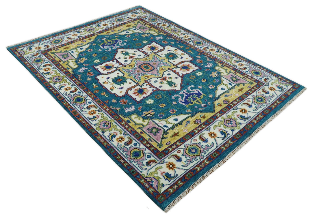 Hand Knotted White, Gold and Blue Multi Sizes Vibrant Colorful Heriz Medallion Area Rug - The Rug Decor