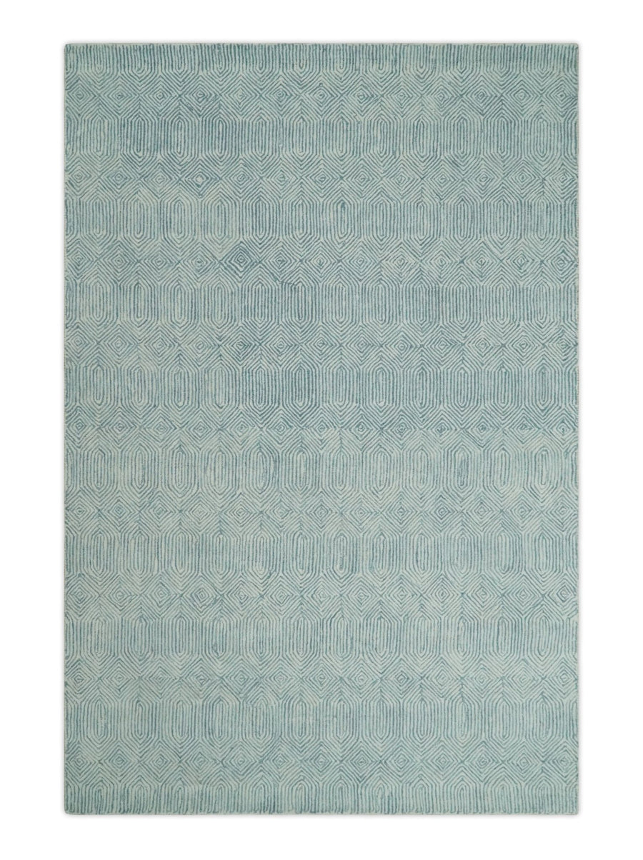 Hand Tufted 2x3, 2.6x8, 5x8, 6x9 and 8x10 Scandinavian Woolen Modern Ivory and Aqua Blue Area Rug | EVE003 - The Rug Decor