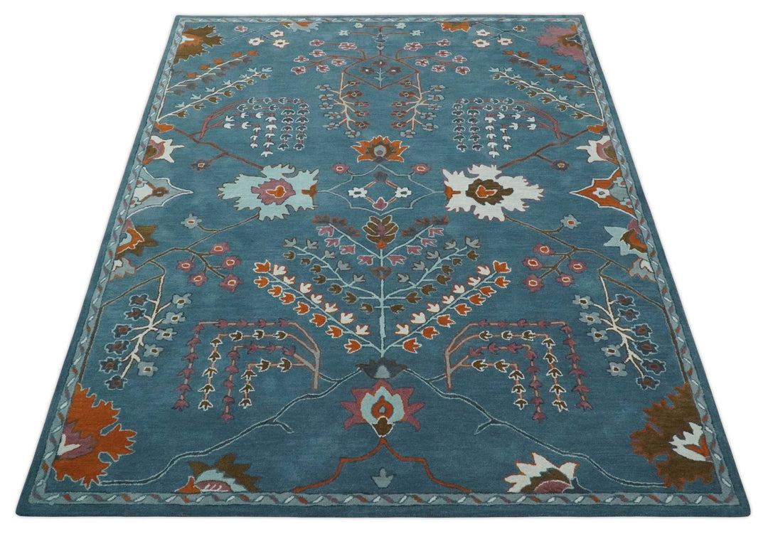 Hand Tufted Floral 8x10, 9x12, 10x14 and 12x15 Teal Blue, Brown and Red Traditional Wool Rug, Kids, Living Room and Bedroom Rug | TRD6517 - The Rug Decor