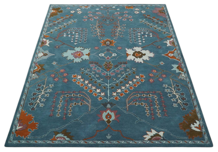 Hand Tufted Floral 8x10, 9x12, 10x14 and 12x15 Teal Blue, Brown and Red Traditional Wool Rug, Kids, Living Room and Bedroom Rug | TRD6517 - The Rug Decor