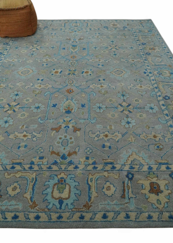 Hand Tufted Gray, Beige and Accent Blue Multi Size 8x10 Traditional Herati Design Wool Rug - The Rug Decor
