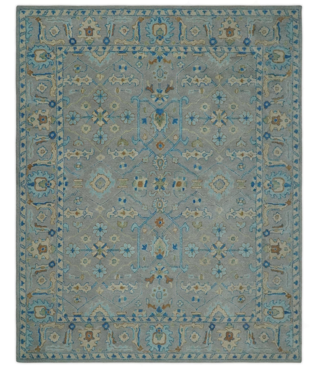Hand Tufted Gray, Beige and Accent Blue Multi Size 8x10 Traditional Herati Design Wool Rug - The Rug Decor