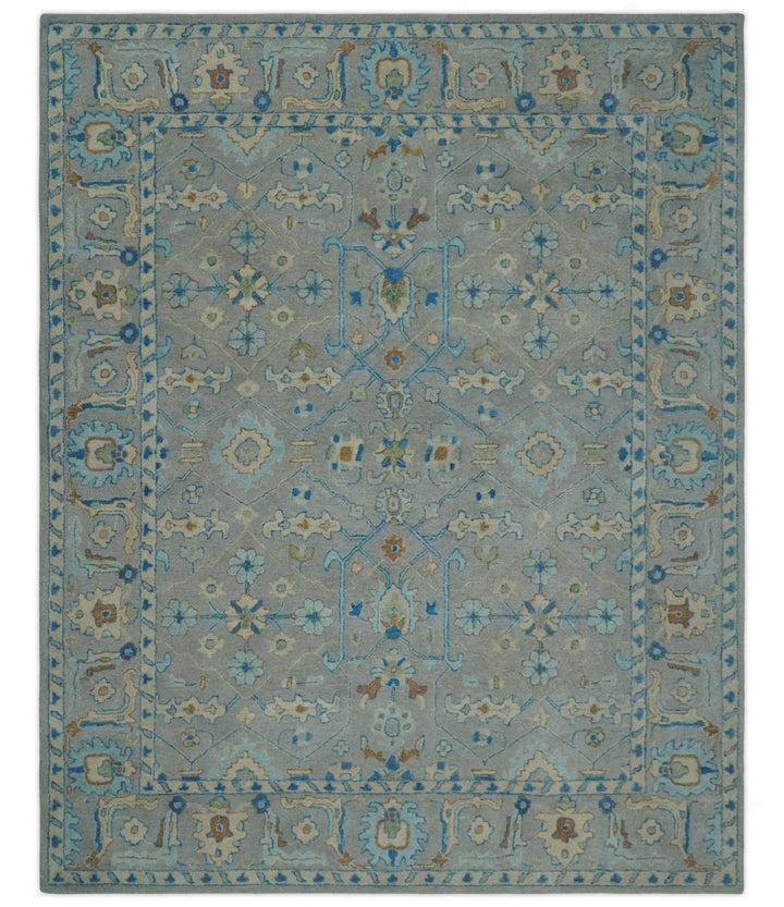 Hand Tufted Gray, Beige and Accent Blue Multi Size 8x10 Traditional Herati Design Wool Rug - The Rug Decor