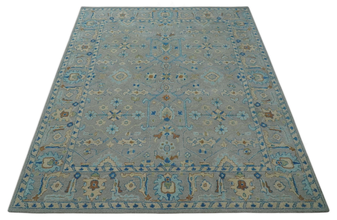 Hand Tufted Gray, Beige and Accent Blue Multi Size 8x10 Traditional Herati Design Wool Rug - The Rug Decor