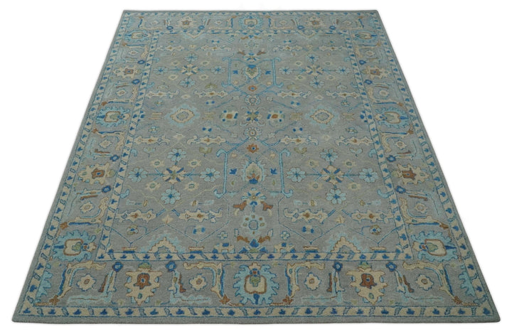 Hand Tufted Gray, Beige and Accent Blue Multi Size 8x10 Traditional Herati Design Wool Rug - The Rug Decor