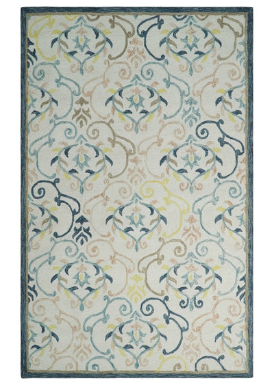 Hand Tufted Ivory Teal, and Brown Traditional Ikat Pattern wool Rug - The Rug Decor
