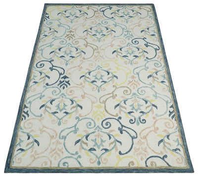 Hand Tufted Ivory Teal, and Brown Traditional Ikat Pattern wool Rug - The Rug Decor