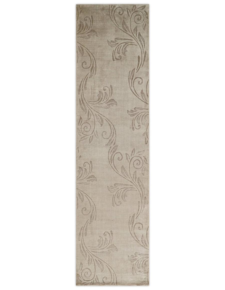 Hand Woven and Carved Silver and Brown Floral Art Silk Rug | KNT4 - The Rug Decor