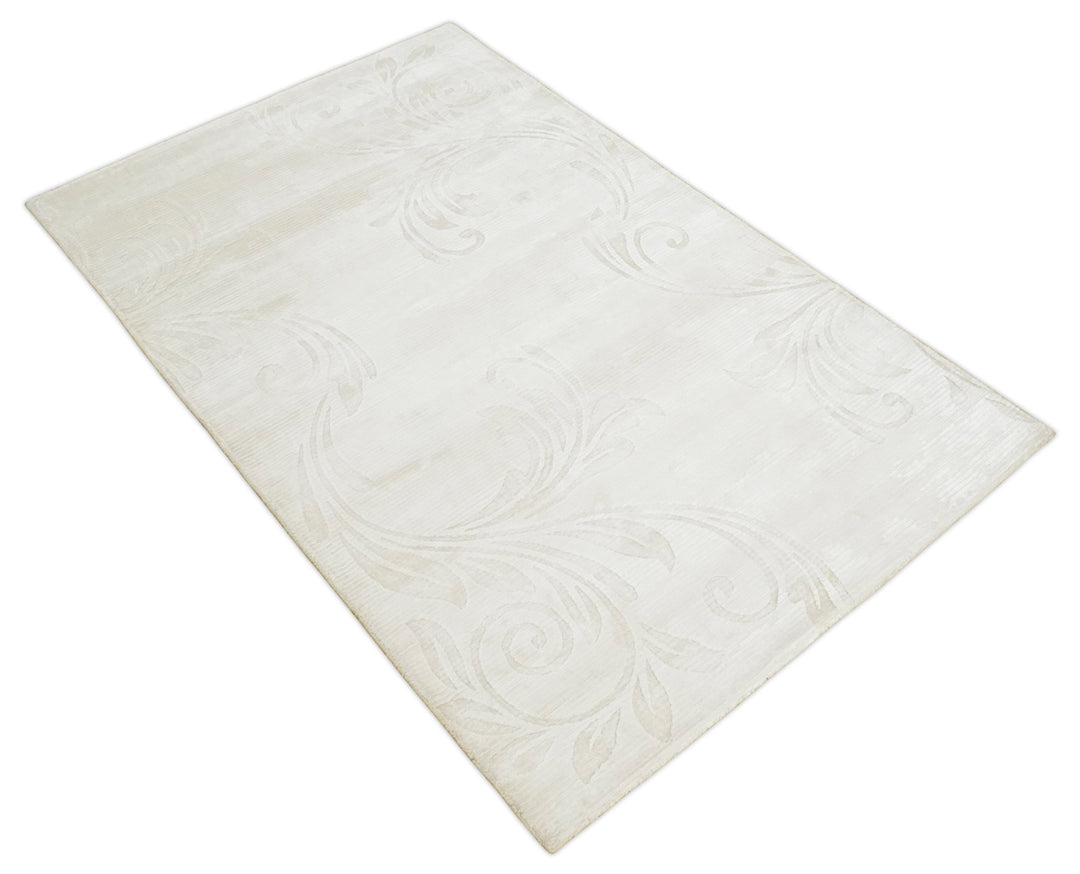 Hand Woven and Carved Silver and Ivory Floral Art Silk Rug | KNT5 - The Rug Decor