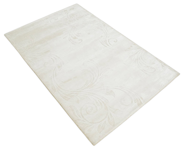 Hand Woven and Carved Silver and Ivory Floral Art Silk Rug | KNT5 - The Rug Decor