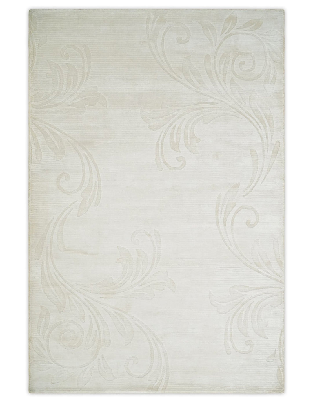 Hand Woven and Carved Silver and Ivory Floral Art Silk Rug | KNT5 - The Rug Decor