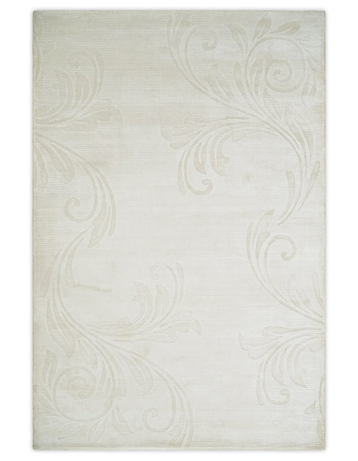 Hand Woven and Carved Silver and Ivory Floral Art Silk Rug | KNT5 - The Rug Decor
