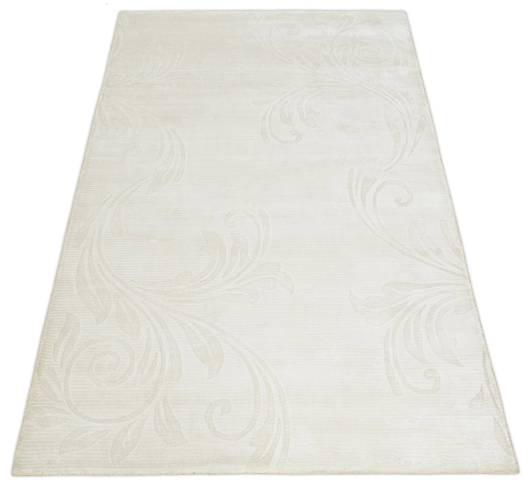 Hand Woven and Carved Silver and Ivory Floral Art Silk Rug | KNT5 - The Rug Decor
