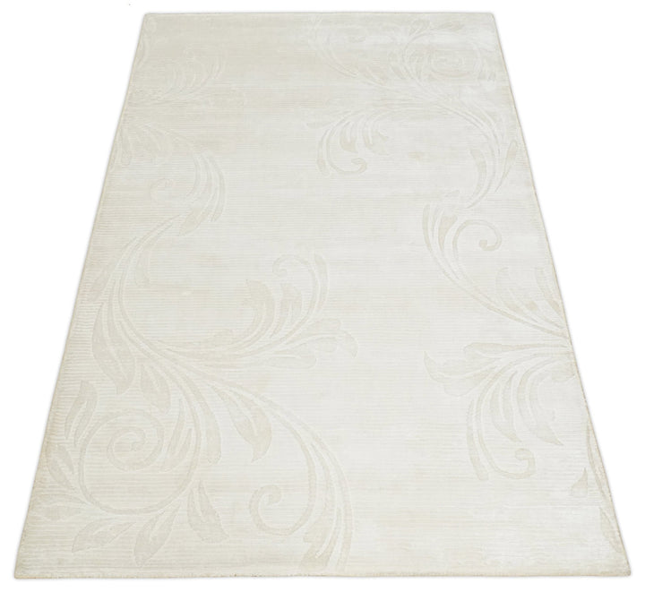 Hand Woven and Carved Silver and Ivory Floral Art Silk Rug | KNT5 - The Rug Decor