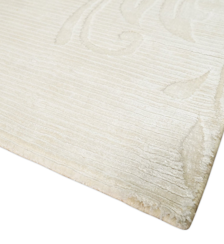 Hand Woven and Carved Silver and Ivory Floral Art Silk Rug | KNT5 - The Rug Decor