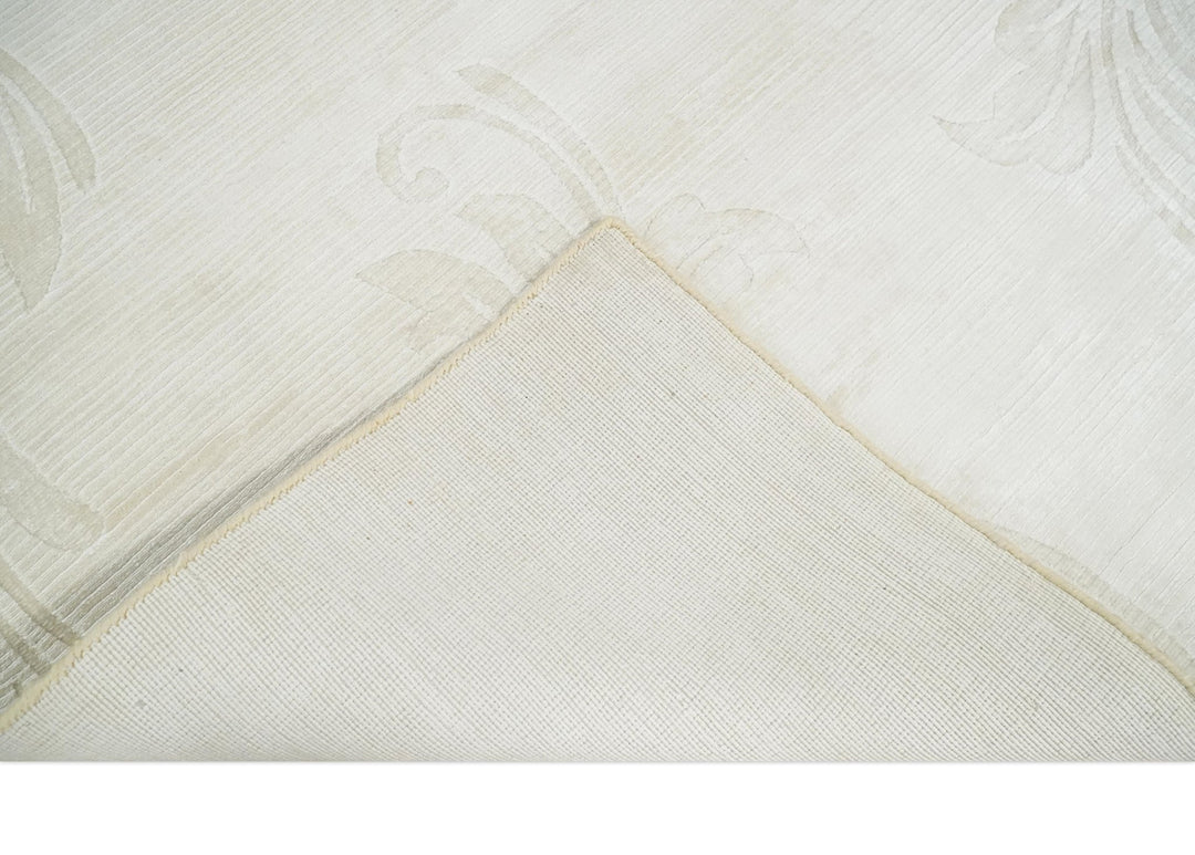 Hand Woven and Carved Silver and Ivory Floral Art Silk Rug | KNT5 - The Rug Decor