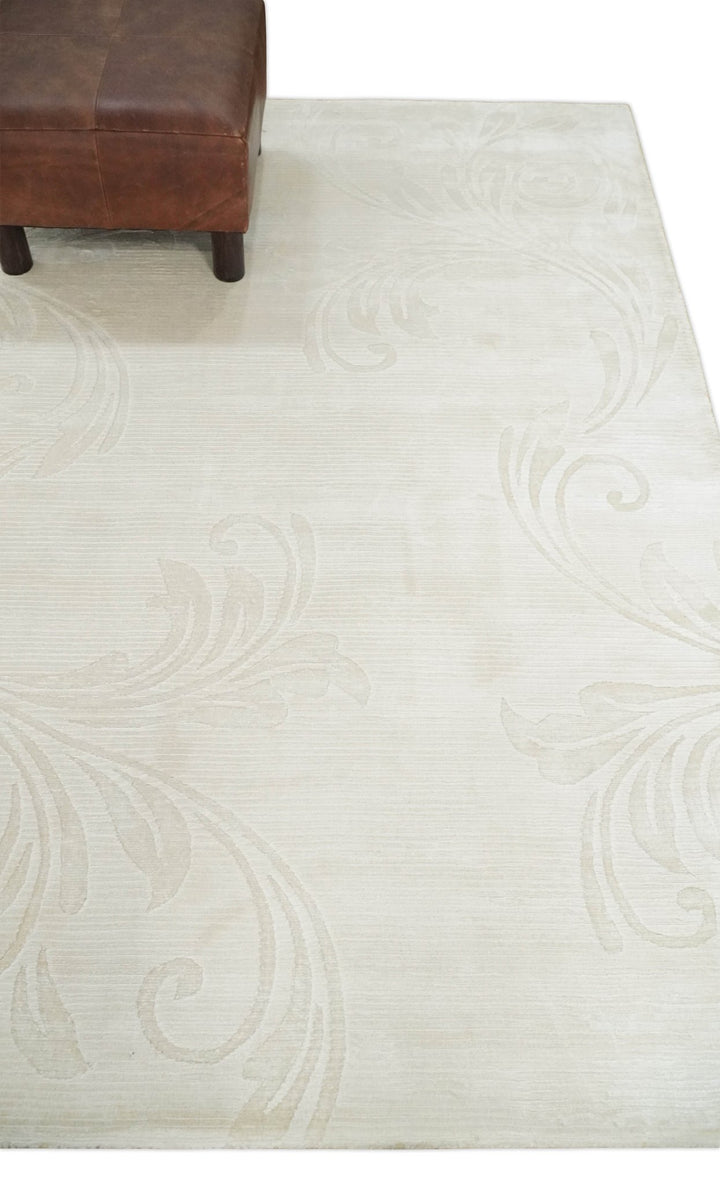 Hand Woven and Carved Silver and Ivory Floral Art Silk Rug | KNT5 - The Rug Decor
