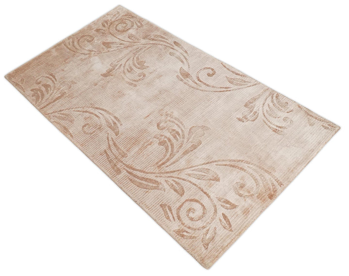 Hand Woven and Carved Silver and Peach Floral Art Silk Rug | KNT12 - The Rug Decor