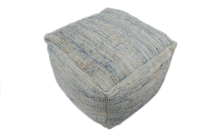 Hand Woven Boho Natural Large Blue and Brown Jute Pouf | TRD124P - The Rug Decor