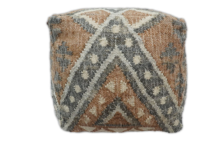 Hand Woven Boho Tribal Large Gray and Brown Jute and Wool Pouf | TRD118P - The Rug Decor
