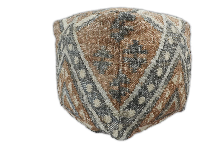 Hand Woven Boho Tribal Large Gray and Brown Jute and Wool Pouf | TRD118P - The Rug Decor