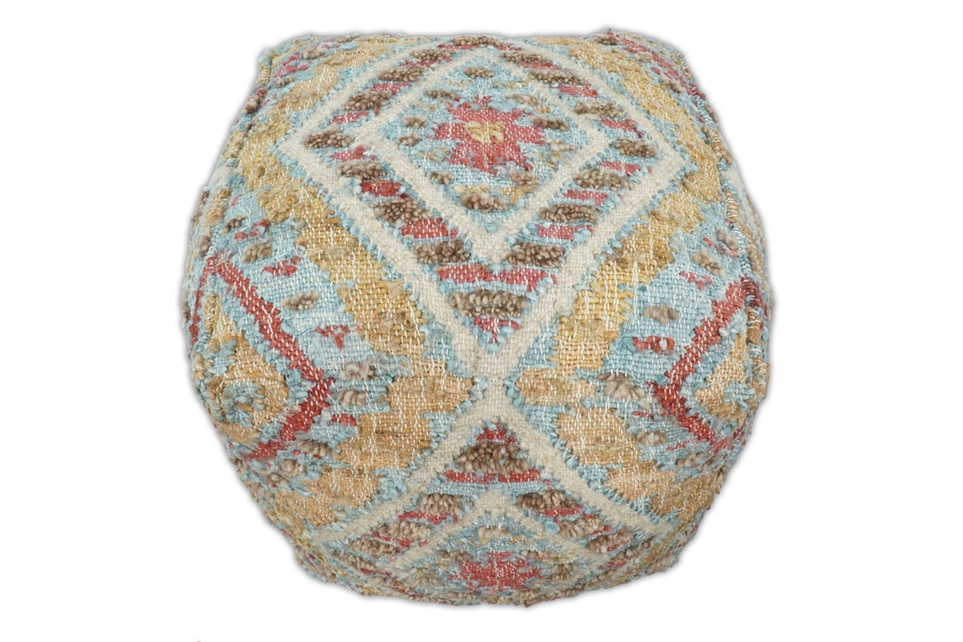 Hand Woven Boho Tribal Large Mustard and Blue Jute and Wool Pouf | TRD120P - The Rug Decor