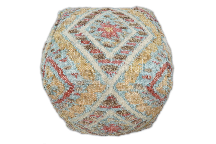 Hand Woven Boho Tribal Large Mustard and Blue Jute and Wool Pouf | TRD120P - The Rug Decor