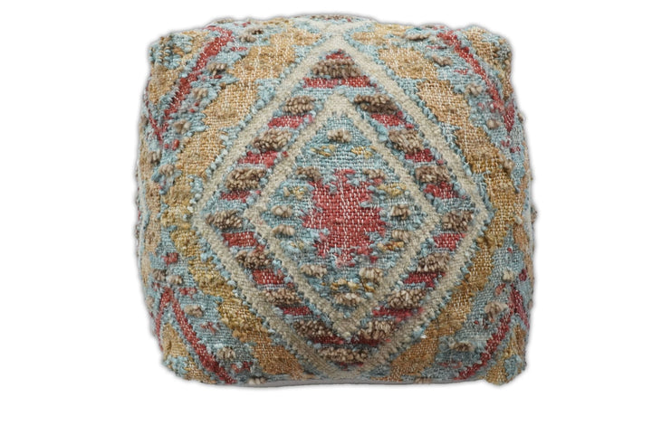 Hand Woven Boho Tribal Large Mustard and Blue Jute and Wool Pouf | TRD120P - The Rug Decor