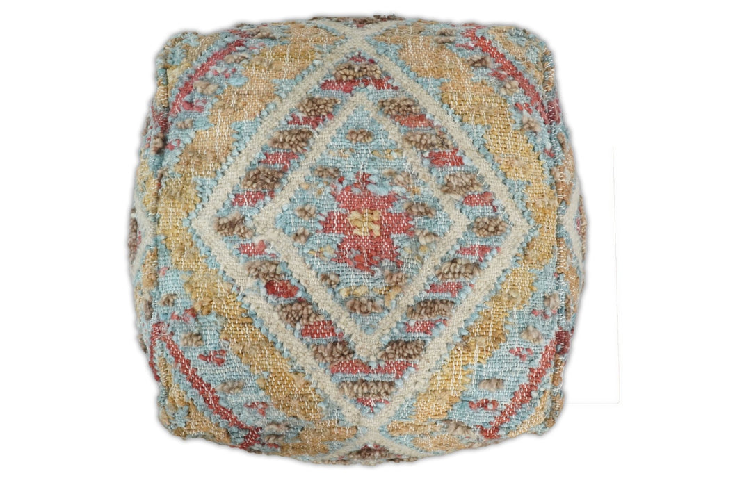 Hand Woven Boho Tribal Large Mustard and Blue Jute and Wool Pouf | TRD120P - The Rug Decor