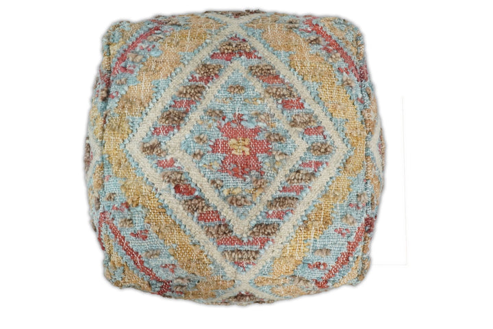 Hand Woven Boho Tribal Large Mustard and Blue Jute and Wool Pouf | TRD120P - The Rug Decor