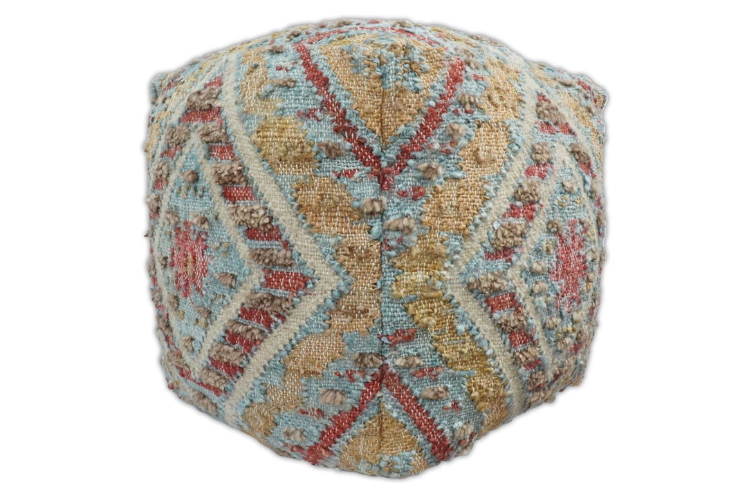 Hand Woven Boho Tribal Large Mustard and Blue Jute and Wool Pouf | TRD120P - The Rug Decor