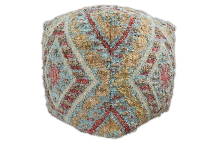 Hand Woven Boho Tribal Large Mustard and Blue Jute and Wool Pouf | TRD120P - The Rug Decor
