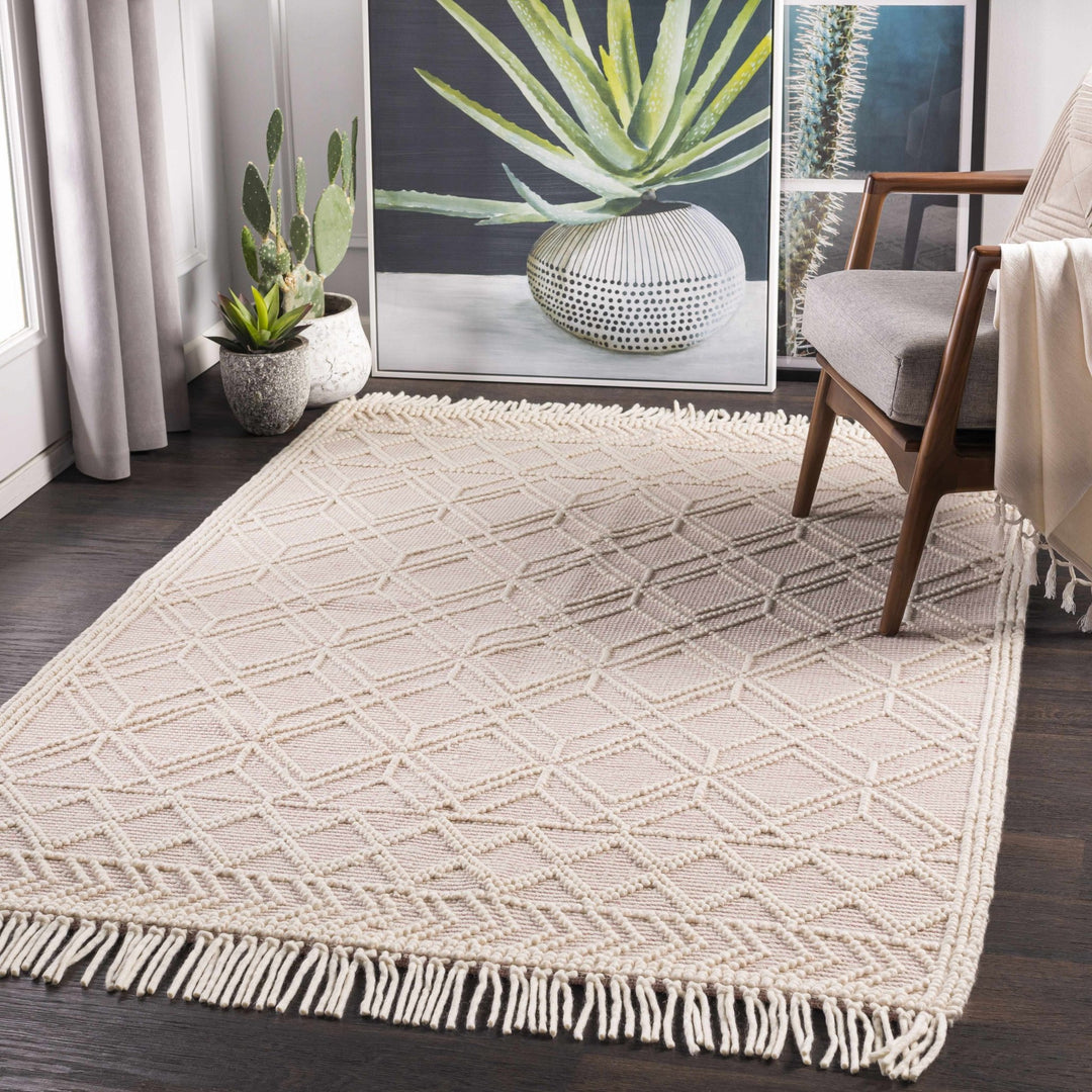 Hand Woven Contemporary Ivory and Peach Tribal Trellis Design Wool Area Rug - The Rug Decor
