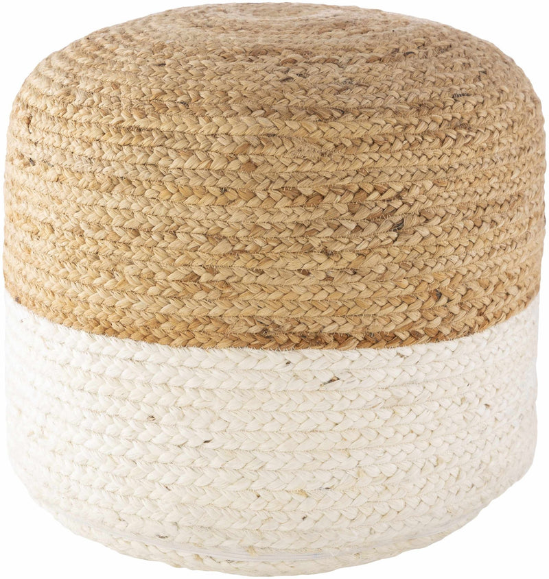 Hand Woven Natural Fiber Tan and Ivory Jute Pouf 18x18x14 inch Cylinder - The Rug Decor