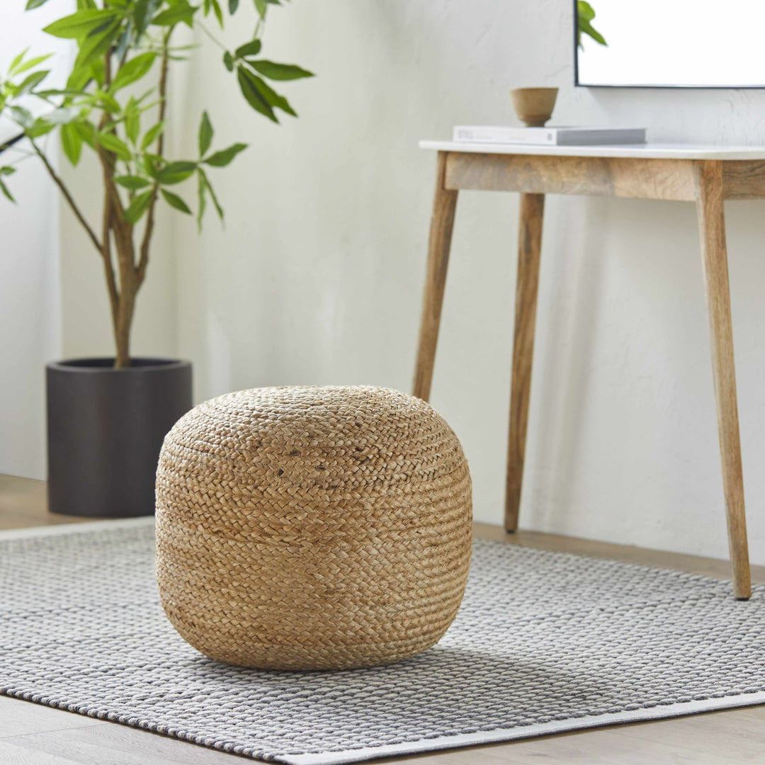 Hand Woven Natural Fibers Tan Cylindrical Jute Pouf - The Rug Decor