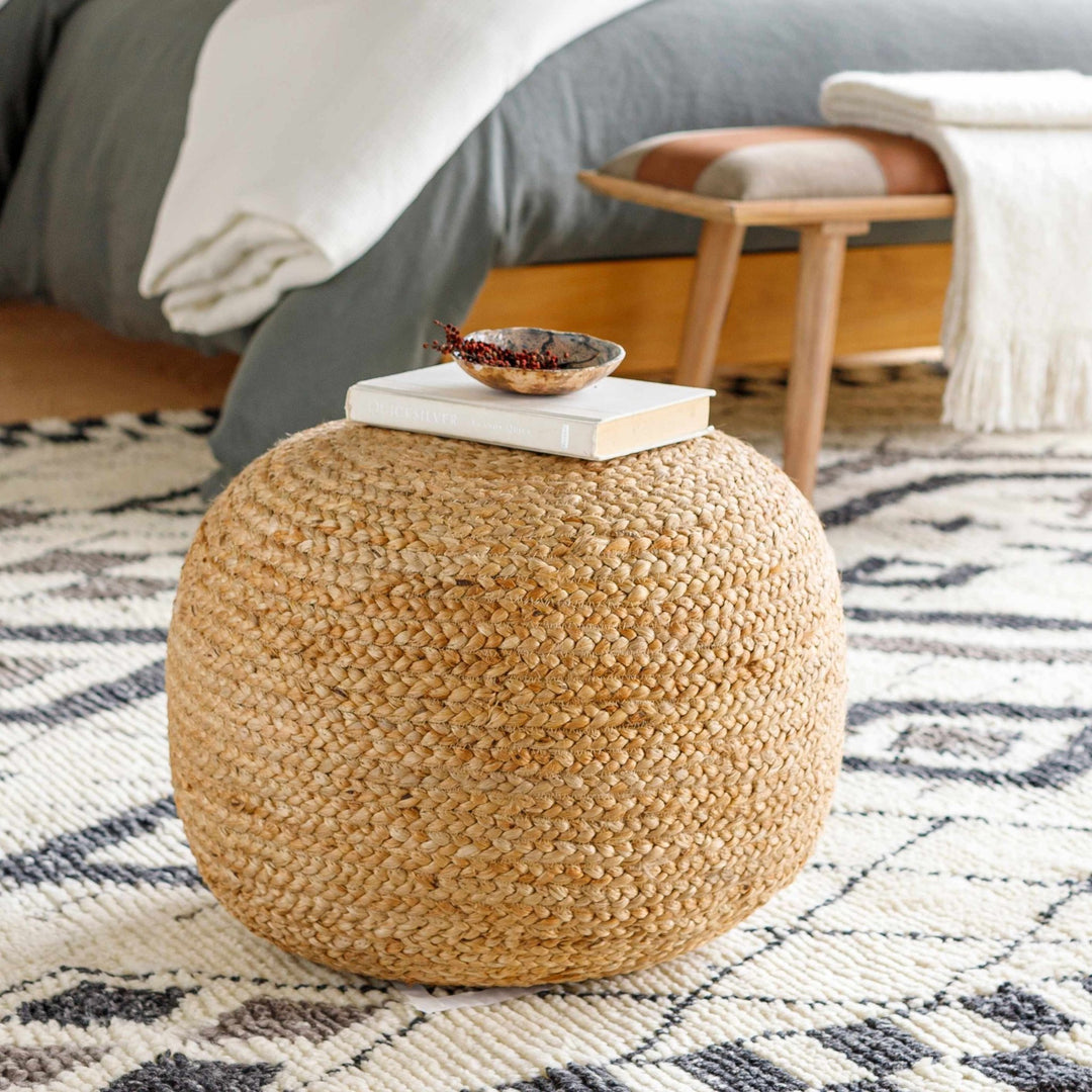 Hand Woven Natural Fibers Tan Cylindrical Jute Pouf - The Rug Decor