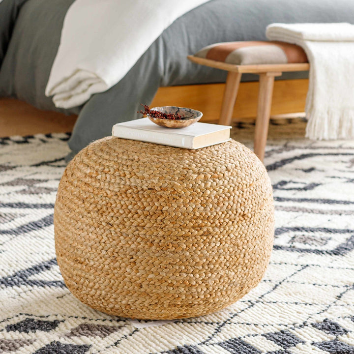 Hand Woven Natural Fibers Tan Cylindrical Jute Pouf - The Rug Decor