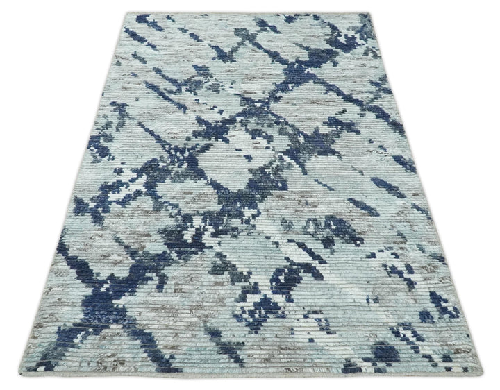 Hand Woven Silver, Blue and Charcoal Abstract Trellis Moroccan Rug Made with Blended Wool 5x8, 8x10 and 9x12 | UL40 - The Rug Decor
