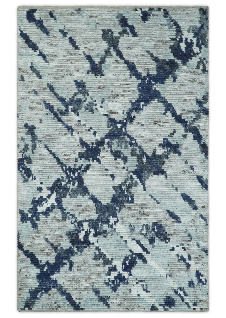 Hand Woven Silver, Blue and Charcoal Abstract Trellis Moroccan Rug Made with Blended Wool 5x8, 8x10 and 9x12 | UL40 - The Rug Decor