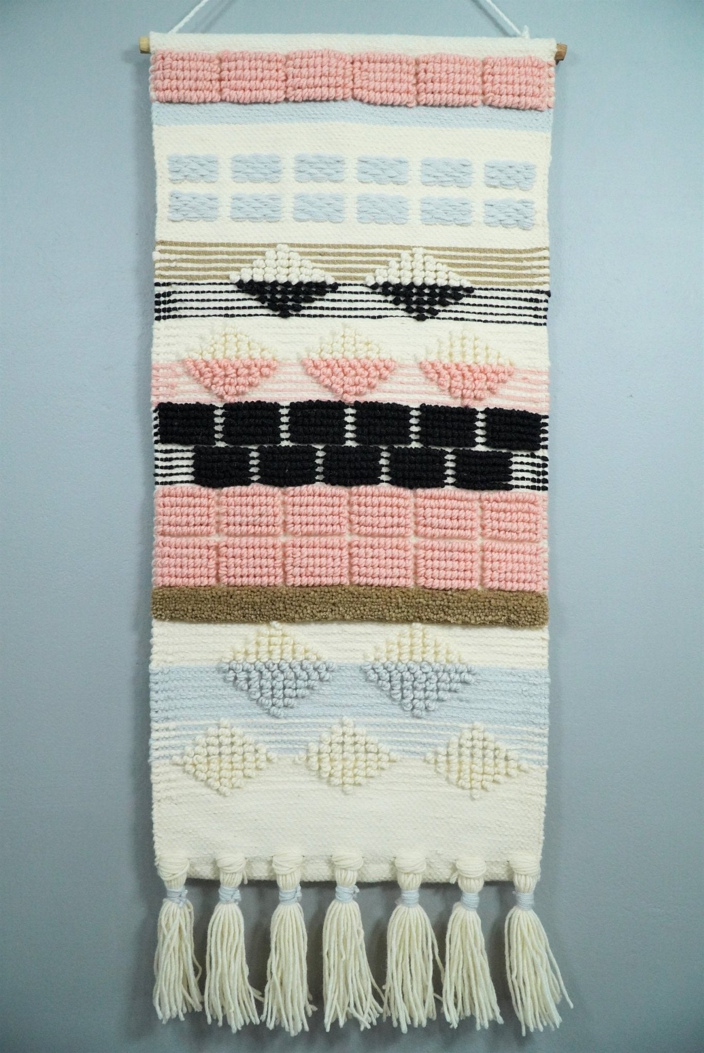 Hand Woven Wool Tapestry White, Blue and Pink Bohemian Modern Wall
