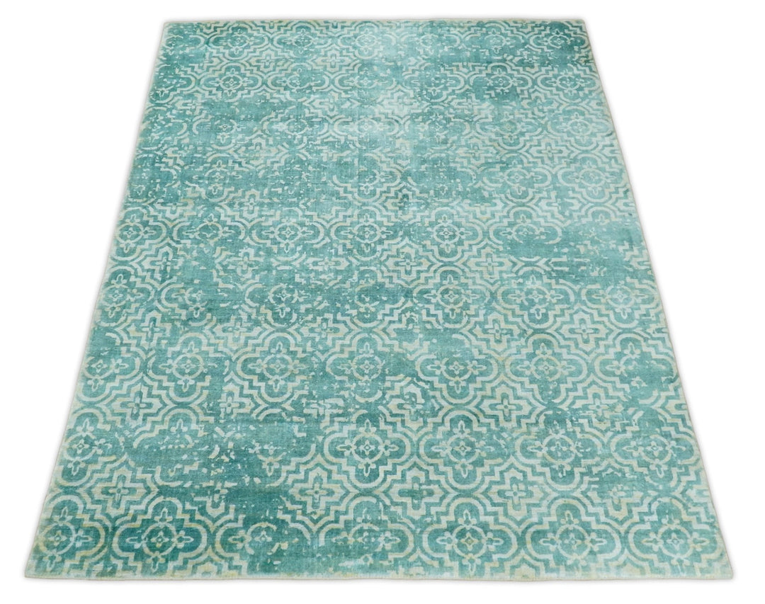 Handmade 5x8 Modern Blue Turquois Geometric Wool Blend Area Rug | QT2 - The Rug Decor