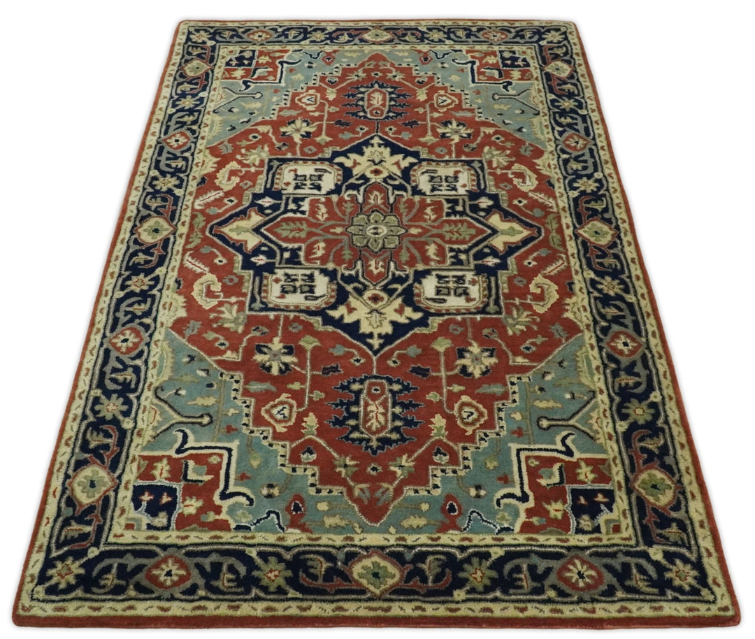 Handmade 5x8 Rust and Blue made with fine wool Area Rug | TRDCP11658 - The Rug Decor