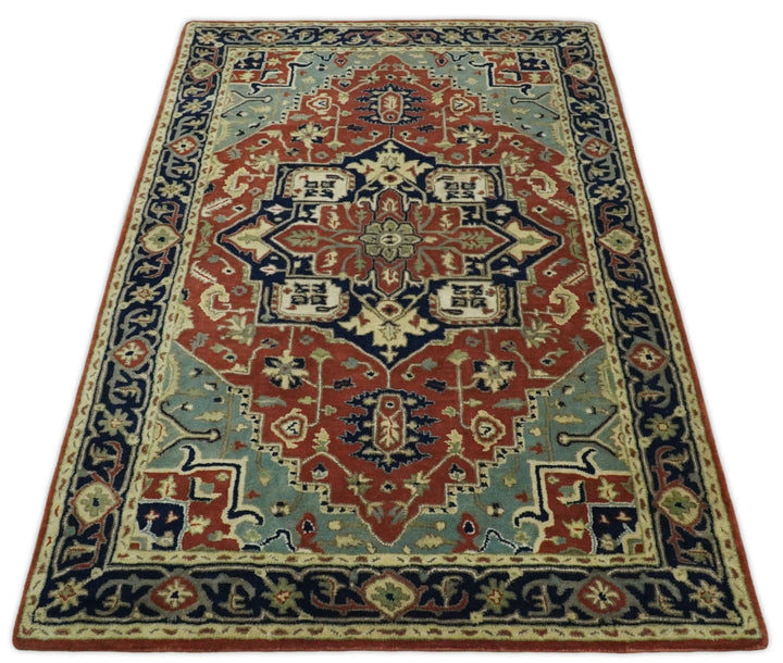 Handmade 5x8 Rust and Blue made with fine wool Area Rug | TRDCP11658 - The Rug Decor