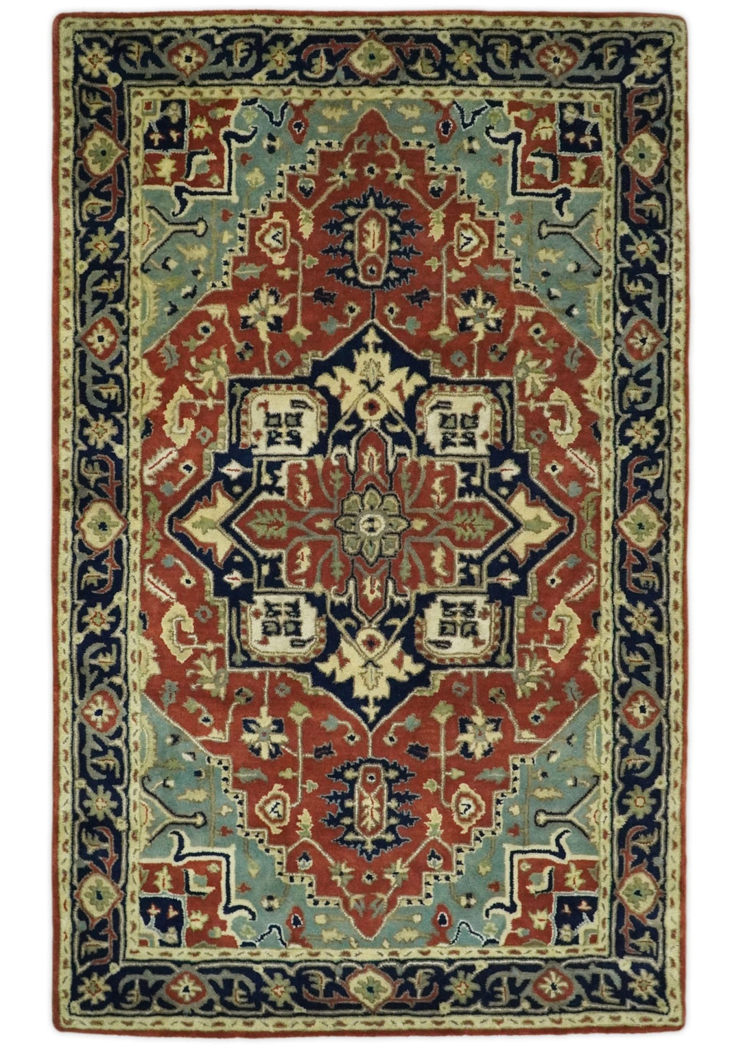 Handmade 5x8 Rust and Blue made with fine wool Area Rug | TRDCP11658 - The Rug Decor