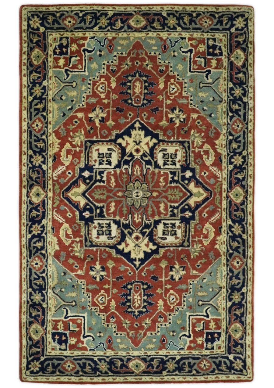 Handmade 5x8 Rust and Blue made with fine wool Area Rug | TRDCP11658 - The Rug Decor
