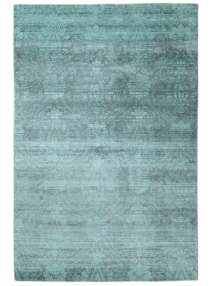 Handmade 6x9 Floral Blue Turquois Blended Wool and Bamboo Silk Area Rug | QT1 - The Rug Decor