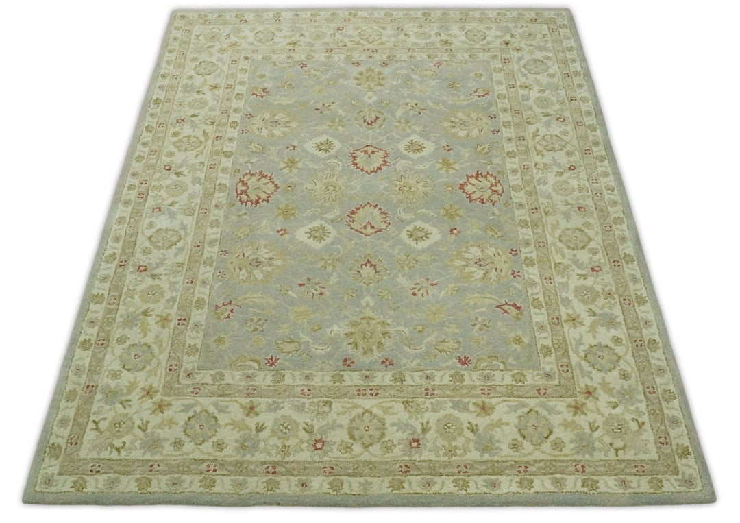 Handmade 8x10 Beige and Blue made with fine wool Area Rug | TRDCP125810 - The Rug Decor