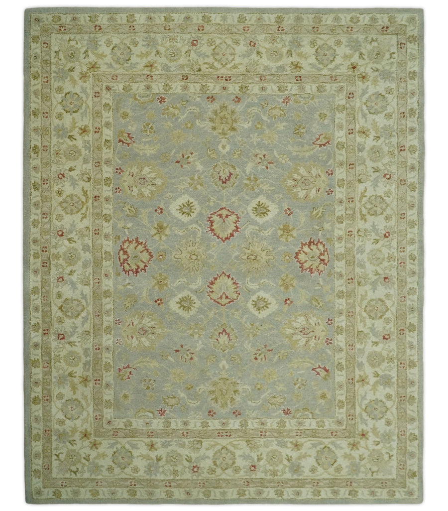 Handmade 8x10 Beige and Blue made with fine wool Area Rug | TRDCP125810 - The Rug Decor
