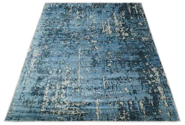 Handmade 8x10 Blue and Ivory Bamboo Silk Area Rug | QT19 - The Rug Decor